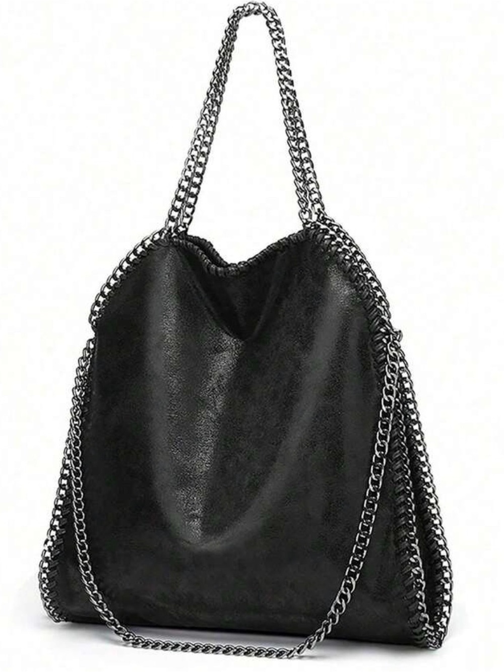 Black Vegan Chain Trim Fold Over Tote